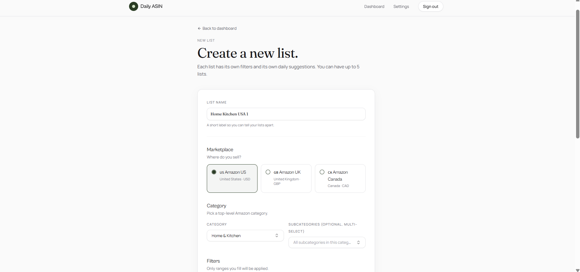 Creating a new Daily ASIN list — pick marketplace, category and filter ranges
