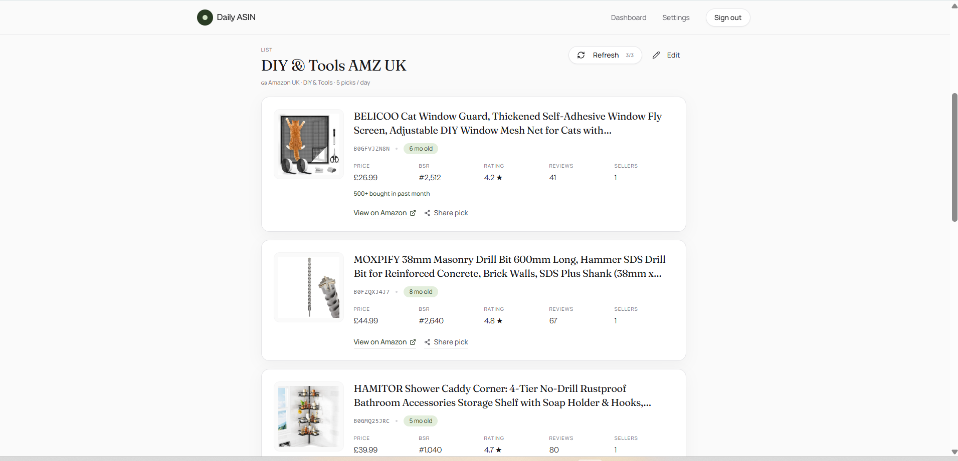 Daily ASIN dashboard showing today's curated Amazon product picks with price, BSR, rating and reviews